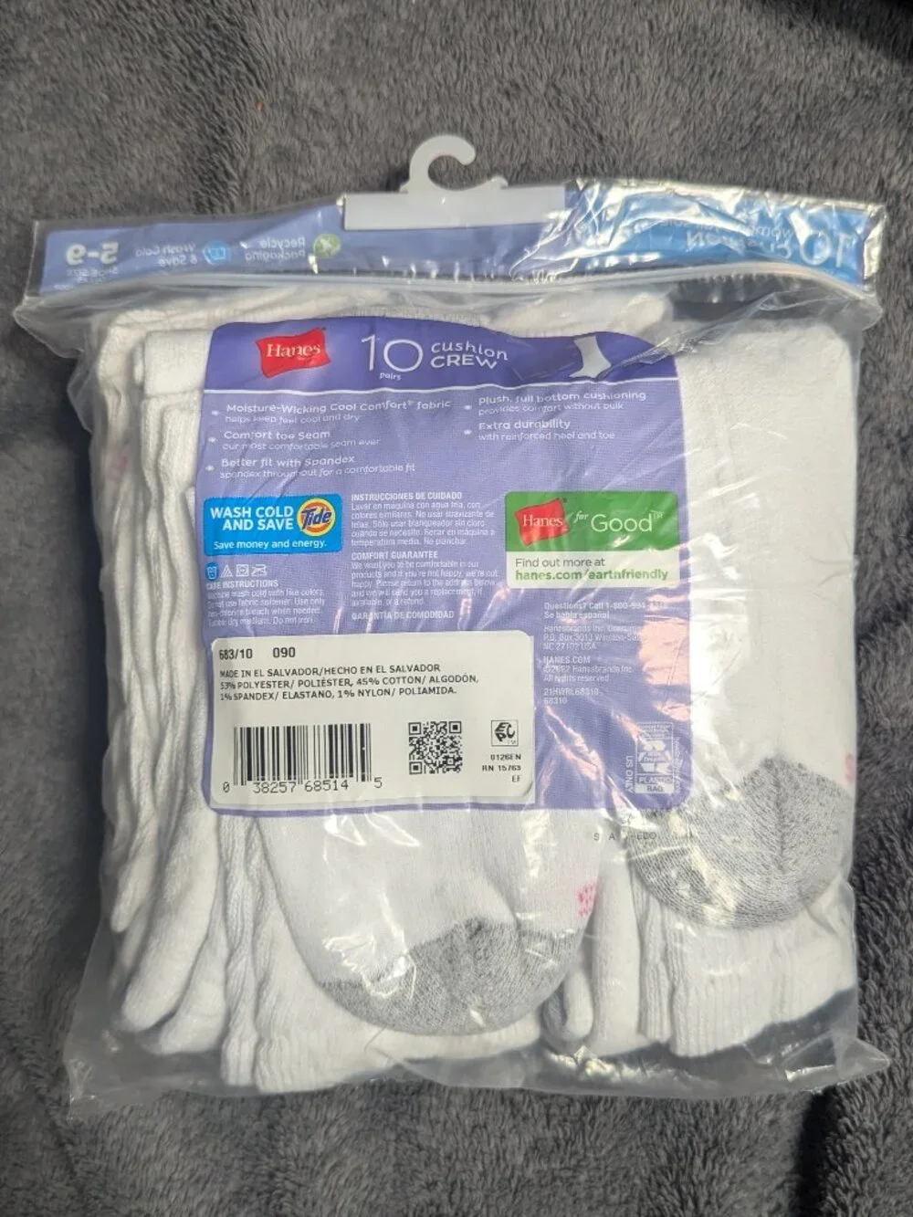 NIB Hanes Women's 10pk Cushioned Crew Socks - White 5-9